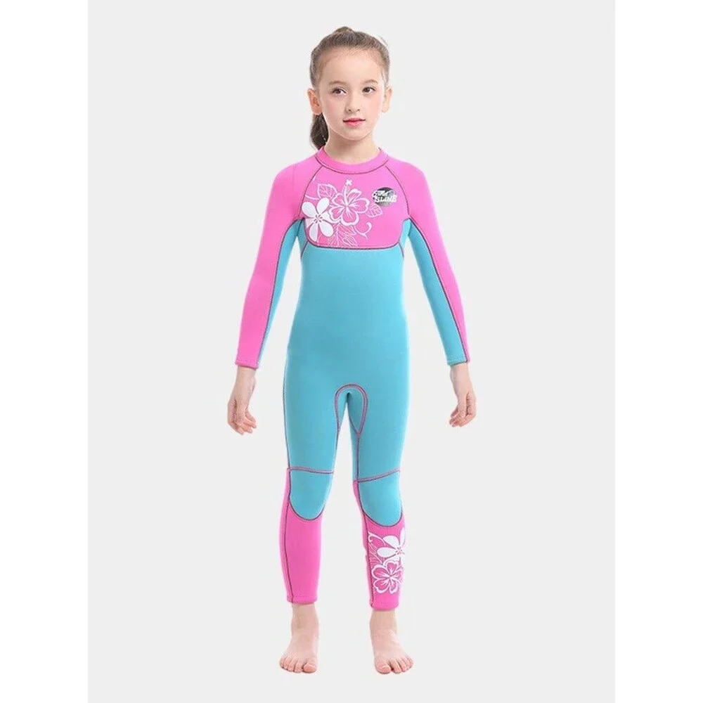 Slinx Girls 3MM Find Sline Floral Pink Blue Neoprene Back Zip Full Wetsuit S